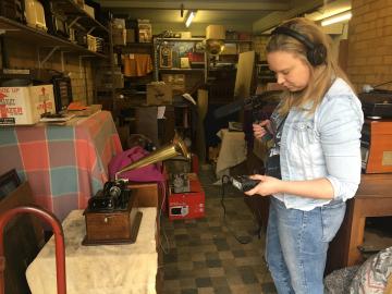 Kaarina Lindell recording an Edison Phonograph at Resurrection Radio